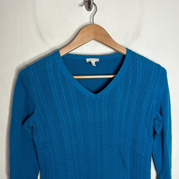 Talbots Outlet Azure Blue Cotton V-Neck Cable Knit Sweater Size S petite - Picture 3 of 9